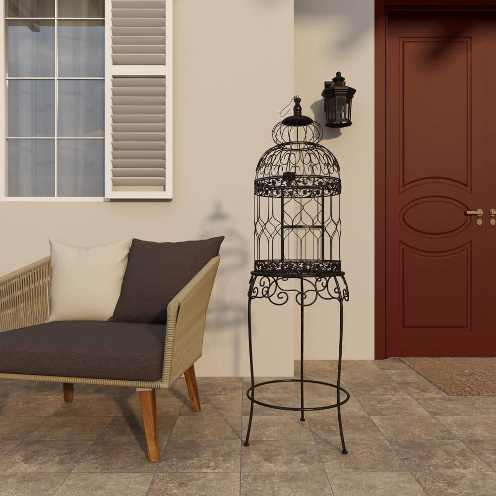 Victorian Black Metal Birdcage with Stand and Hook