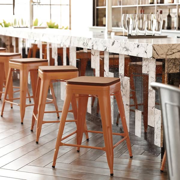 Carnegy Avenue 25 in. Orange/Teak Metal Outdoor Bar Stool