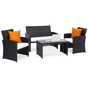 Black 4-Piece Rattan Wicker Patio Conversation Set Sofa Table with Beige Cushions