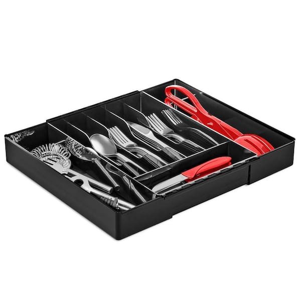 Expandable Silverware Organizer, 2 in. H x 8.25 in. W x 13 in. D Modern Black Plastic Utensil Tray, Drawer Organizer