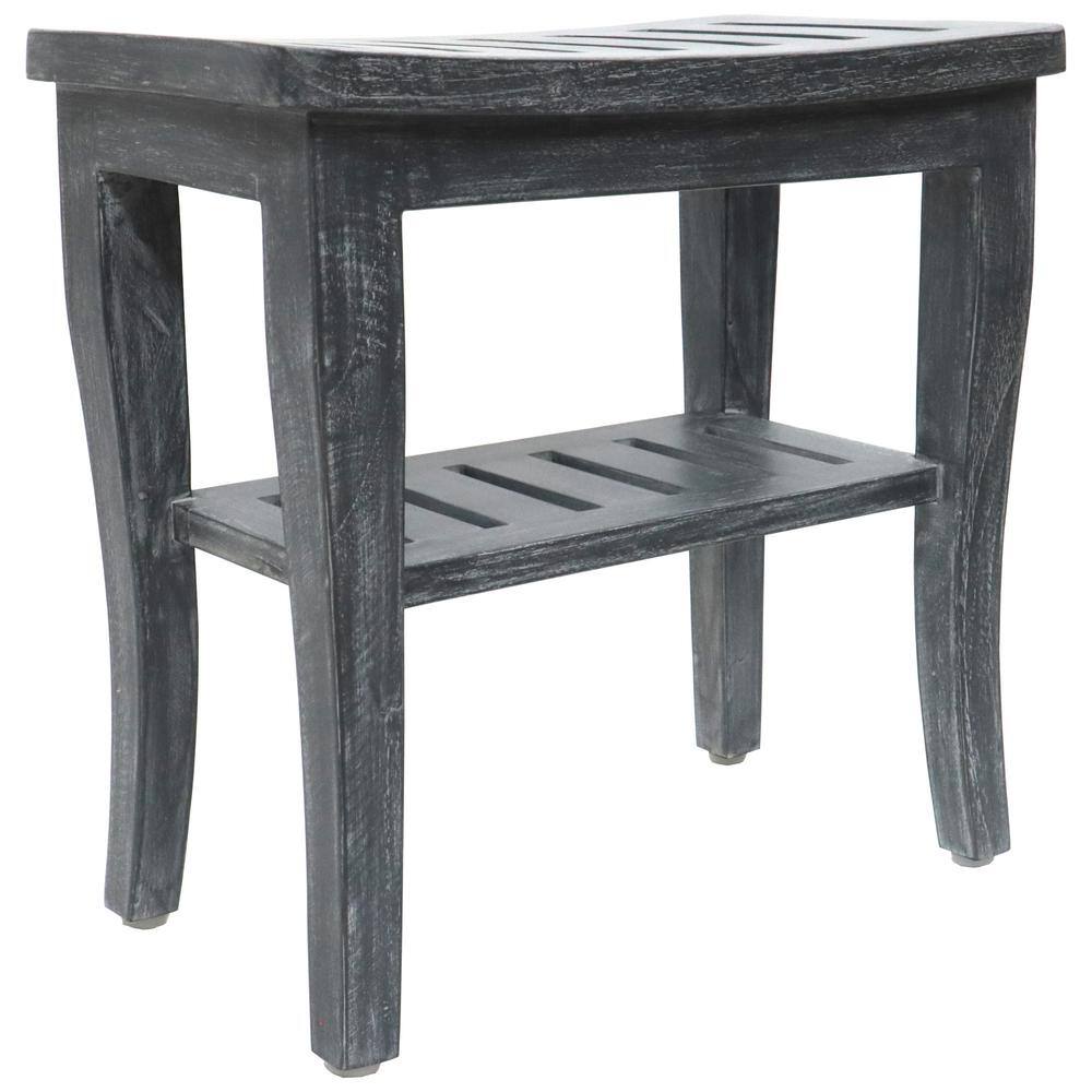 Weathered Gray Genuine Teak Petite Spa Shower Bench with Shelf