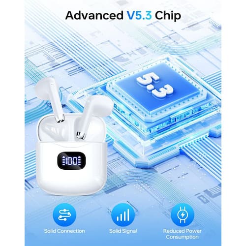 Wireless Earbuds Bluetooth 5.3 Headphones, 40-Hours Playback Stereo Ear Buds with LED Display Charging Case IPX7 White Electrical