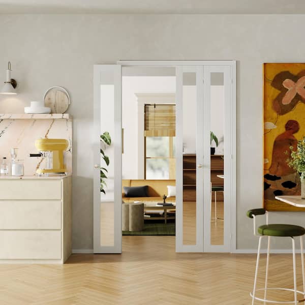 60 in. x 80 in. 1-Lite Mirrored Glass Solid Core White PVC Covering MDF, 180° Bifold Door with Hinges and Handles
