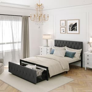 Dark Gray Metal Frame Full Size Upholstered Platform Bed with Big Drawer and Adjustable Headboard