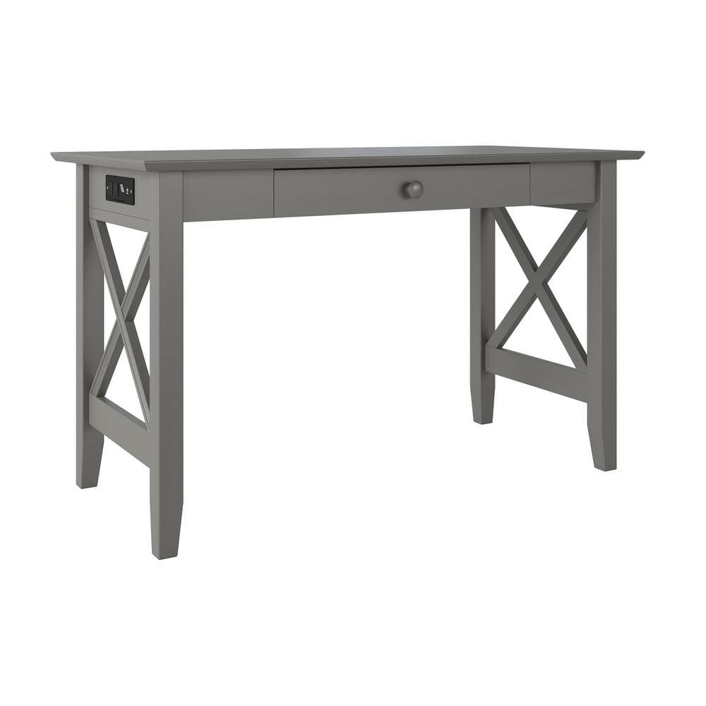 Gray Solid Wood Desk with Drawer and Charging Station