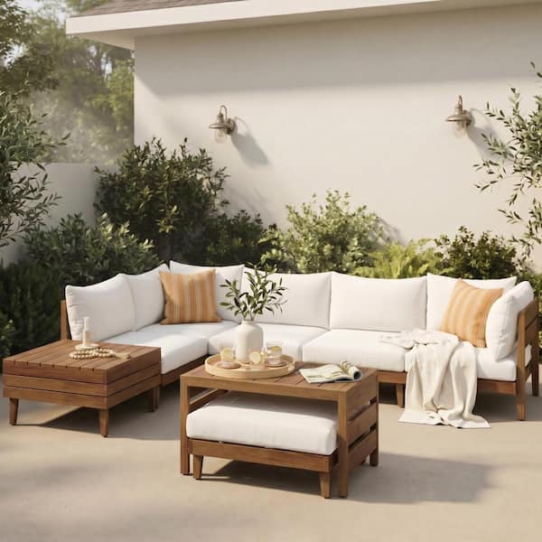 8-Piece Acacia Wood Outdoor Patio L-shaped Sectional Sofa Set with Beige Cushions and Storage Tea Table for Patio Garden