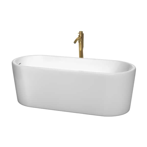 Wyndham Collection Ursula 67 in. Acrylic Flatbottom Bathtub in White with Shiny White Trim and Brushed Gold Faucet
