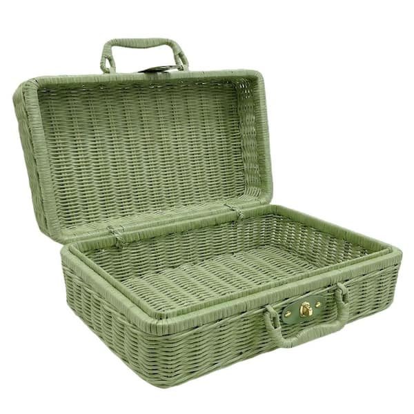 Dark Green 2-Piece Imitation Wicker Picnic Basket Set with Metal Lock and Handles for Travel Camping Outdoor Party