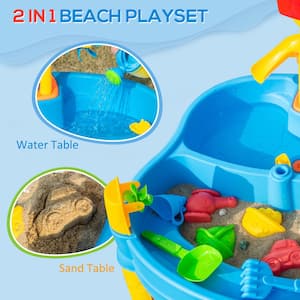 2 in 1 Covered Sandbox Table with Umbrella, 5-Piece Sand and Water Table Little Kids Toys Game House Gift Beach Outdoors
