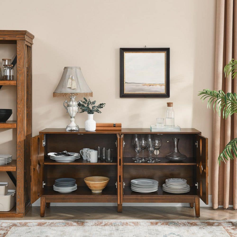 Maddox Modern 60.5 in. W Walnut Wood Buffet Sideboard Cabinet with 4-Door and Adjustable Shelves