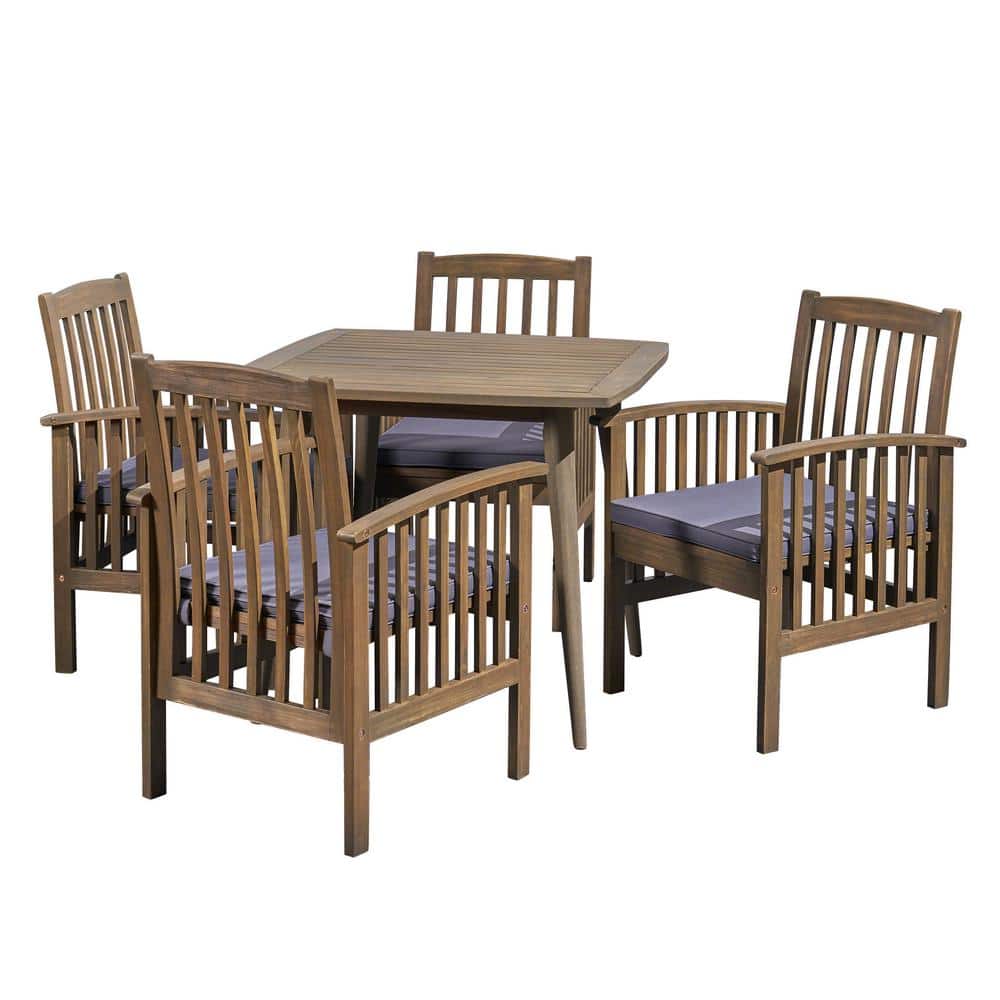 Gray Acacia Wood 5-Piece Patio Dining Set with Cushions