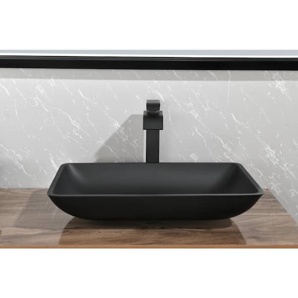 AOPSPS Handmade Countertop Matte Black Glass Rectangular Bathroom Vessel Sink with Faucet and Pop-Up Drain