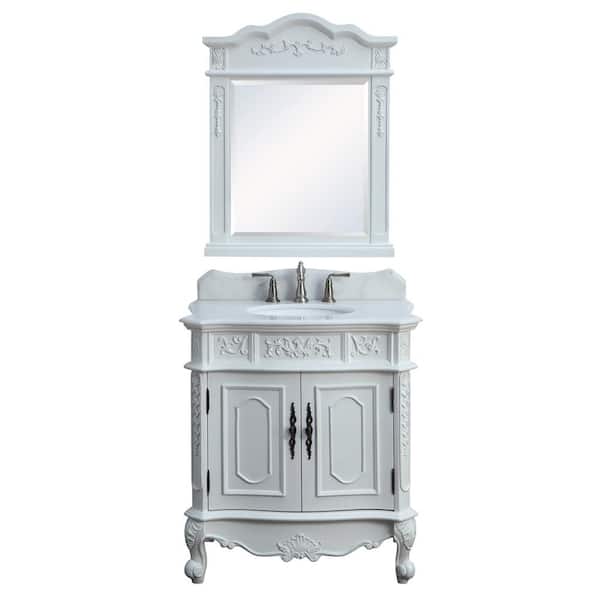 Benton Collection Benson 33 in. W x 20.5 in D x 36.5 in. H Bathroom Vanity in White with Single Sink White Marble Top and Mirror