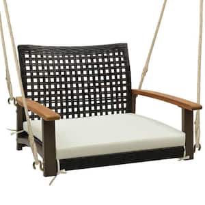 1-Person Black Metal Rattan Porch Swing with Armrests, Off White Cushion and Hanging Ropes