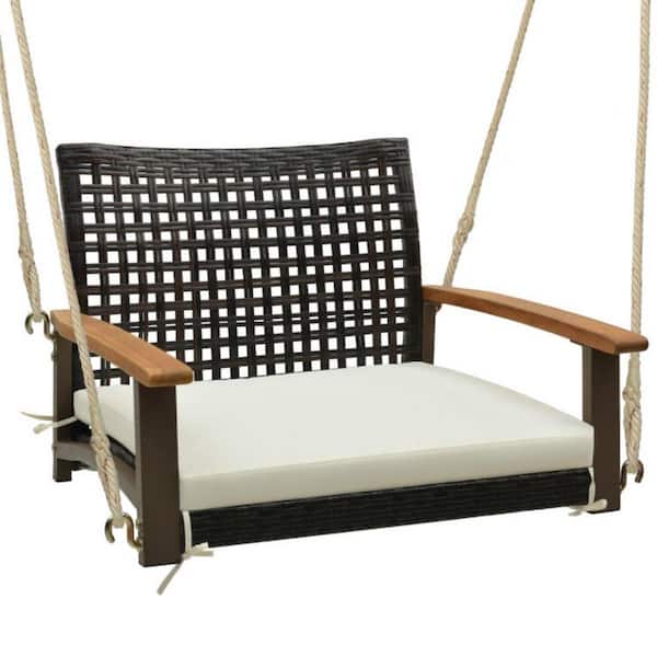 Unbranded 1-Person Black Metal Rattan Porch Swing with Armrests, Off White Cushion and Hanging Ropes