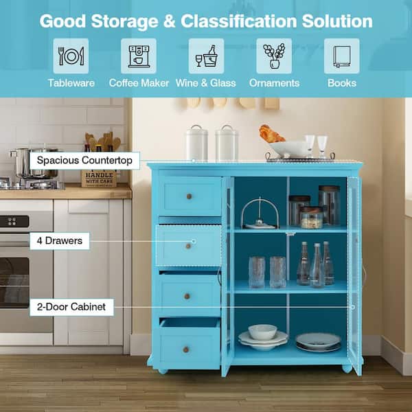 Costway Blue Wooden 36 in. Buffet Sideboard Table Kitchen Costway Blue Wooden 36 in. Buffet Sideboard Table Kitchen
