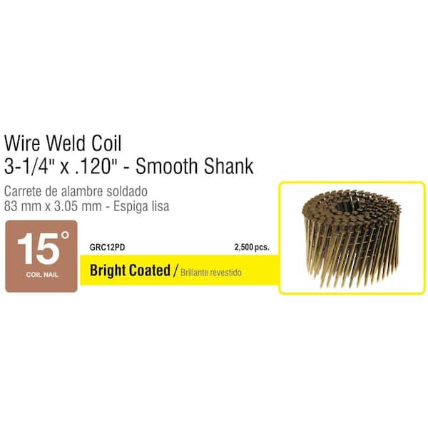 Grip-Rite 3-1/4 in. x 0.120 in. 15° Wire Bright-Coated Smooth Shank Coil Framing Nails (2,500-Pack)