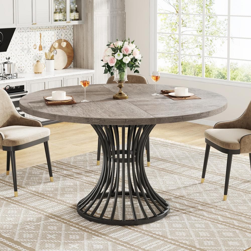 Gray 47-Inch Round Farmhouse Dining Table with Metal Base