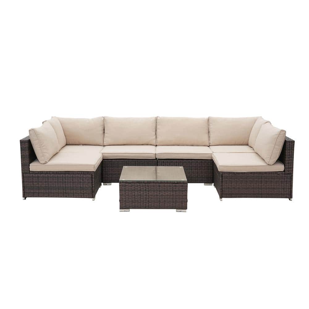 7-Pieces Brown Wicker Outdoor Sofa Sectional Set with Beige Cushions