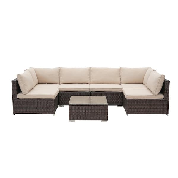 Unbranded 7-Pieces Brown Wicker Outdoor Sofa Sectional Set with Beige Cushions