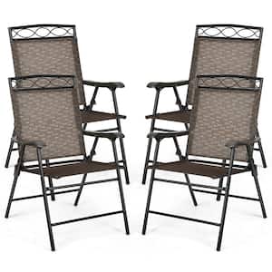 Black Folding Sling Metal Outdoor Dining Chair in Brown (Set of 4)