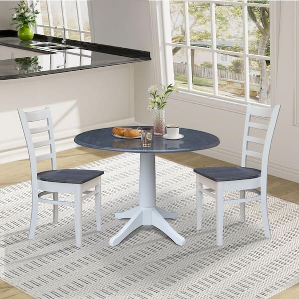 International Concepts 3-Piece Set White/Heather Gray 42 in Drop-Leaf Standard Height Round Top Pedestal Table and 2 Emily Chairs Set, Seats 2