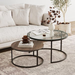Stella 32 in. Oak/Black Round Glass Nesting Coffee Table with Wood Finish and Metal Frame (Set of 2)