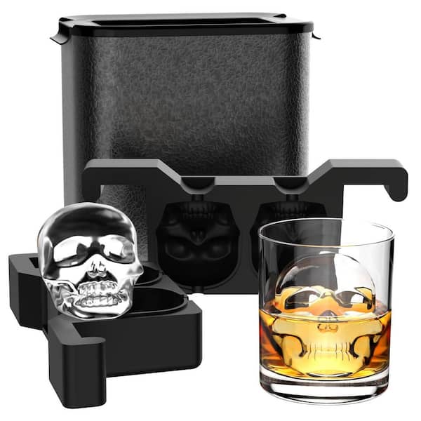 Black 2 Cavity Large Crystal Clear Ice Skull Form, 2.3 in. Round Ice Sphere Trays for Whiskey Cocktail Brandy Bourbon