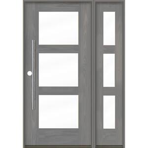 Faux Pivot 50 in. x 80 in. 3-Lite Right-Hand/Inswing Clear Glass Malibu Grey Stain Fiberglas Prehung Front Door with RSL