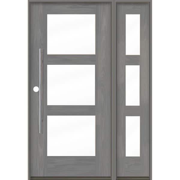 Krosswood Doors Faux Pivot 50 in. x 80 in. 3-Lite Right-Hand/Inswing Clear Glass Malibu Grey Stain Fiberglas Prehung Front Door with RSL