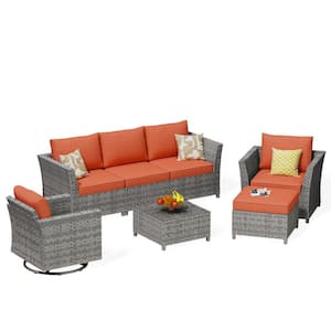 Bexley Gray 7-Piece Wicker Patio Conversation Seating Set with Orange Red Cushions and Swivel Chairs