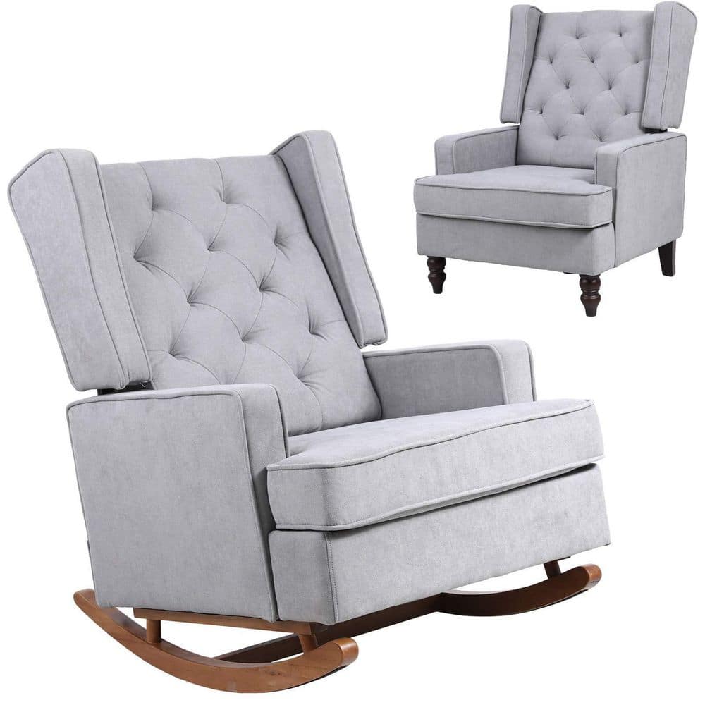 Light Gray Upholstered Mid Century Modern Rocker Oversized Wingback Rocking