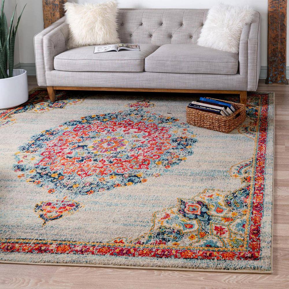 Ivory and Multicolor Square Synthetic Indoor Rug