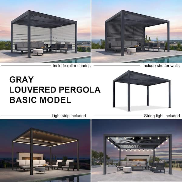 11 ft. x 13 ft. Gray Aluminum Frame Outdoor Hardtop Louvered Pergola with Adjustable Sunshade Roof and In-Built Gutter