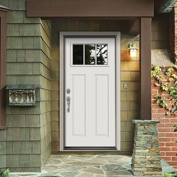 32 in. x 80 in. 3 Lite Craftsman White Painted Steel Prehung Right-Hand Inswing Front Door w/Brickmould
