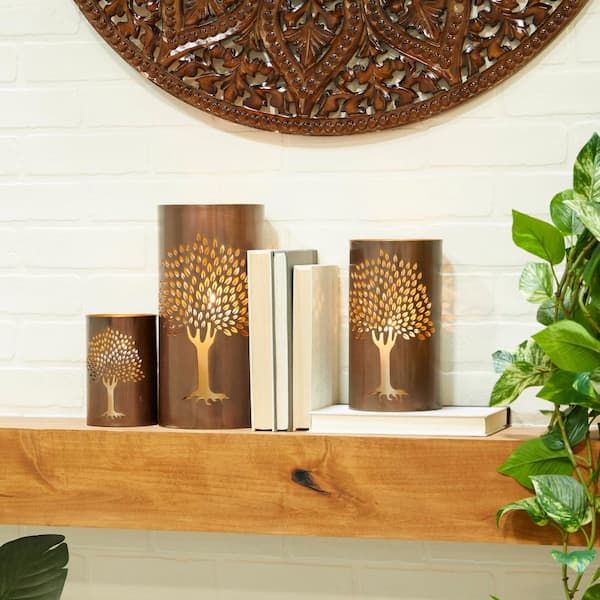 Litton Lane Copper Metal Tree Decorative Candle Lantern (Set of 3)