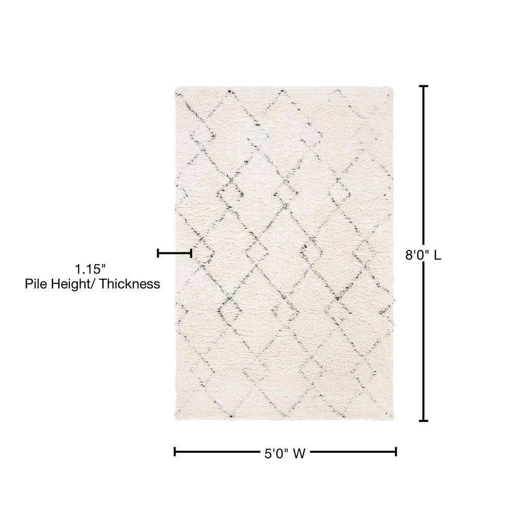 Ivory and Black Hand-Tufted Wool Shag Area Rug, 5' x 8'