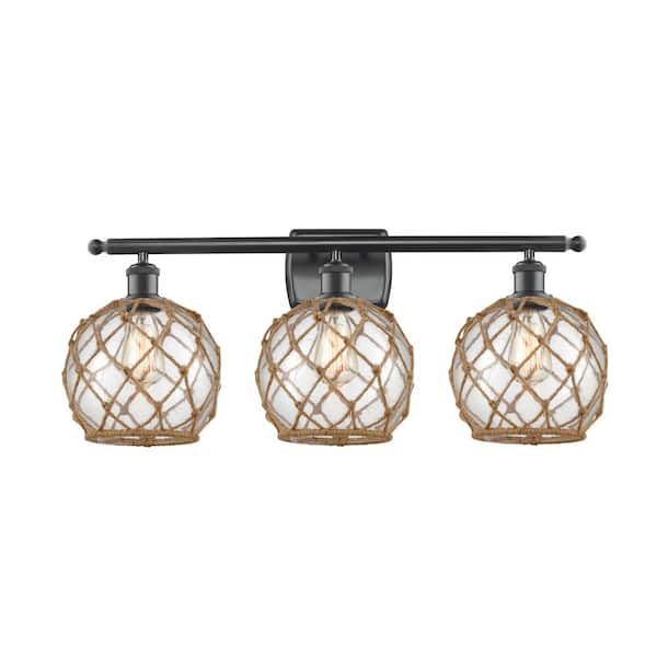 Farmhouse Rope 26 in. 3-Light Matte Black, Clear Glass with Brown Rope Vanity Light with Clear Glass Shade