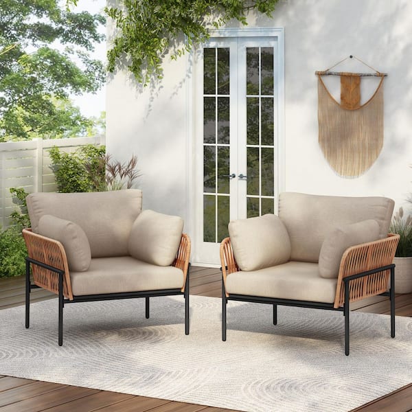 1-Piece Light Brown Metal Outdoor Lounge Chair with Beige