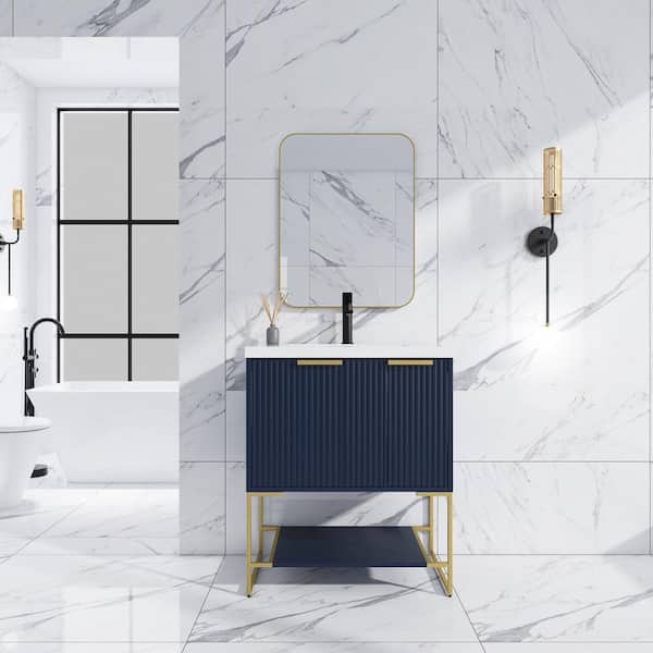 Unbranded 30 in. W x 18 in. D x 35 in. H Freestanding Single Sink Bath Vanity in Navy Blue with White Resin Top