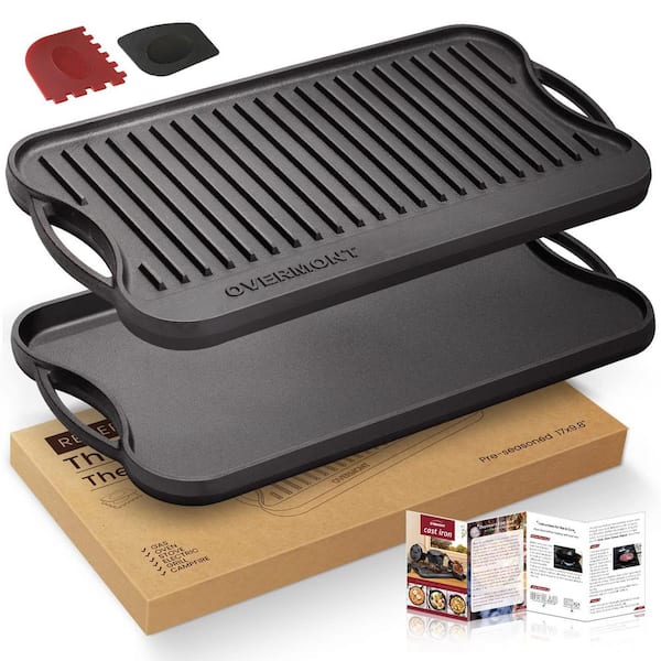 Angel Sar 17 in. x 9.8 in. Pre-Seasoned Cast Iron Reversible Griddle Grill Pan with Handles, , Scrapers Included