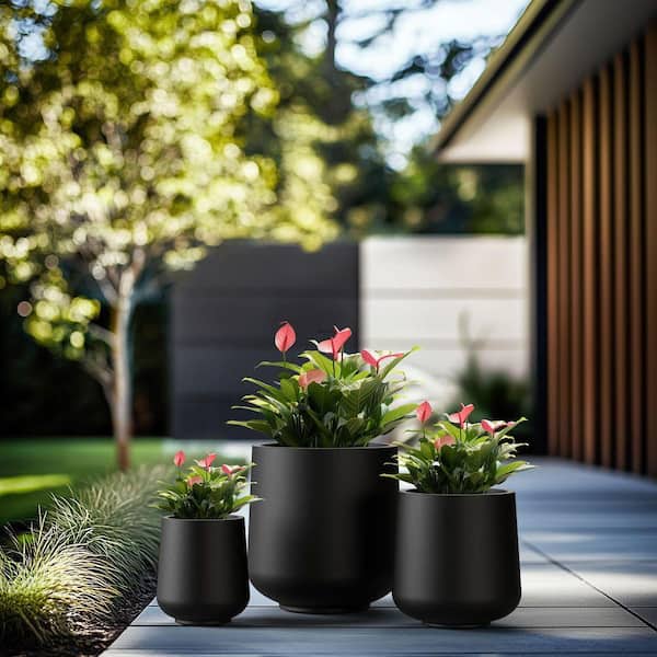 15.5, 12, 8.5 in. Dia Charcoal Black Large Tall Round Concrete Planter/Garden Plant Pot for Indoor and Outdoor Set of 3