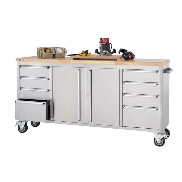 TRINITY 6 ft. 8-Drawer Stainless-Steel Corner Rolling Mobile Workbench with Storage