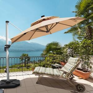 12 ft. Double-top 360° Rotation Aluminum Cantilever Solar LED Patio Umbrella in Beige