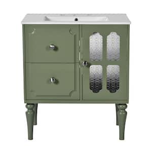 Retro Style 18.30 in. W Single Sink Freestanding Green Bath Vanity with White Ceramic Top Unassembled and 2 Drawers