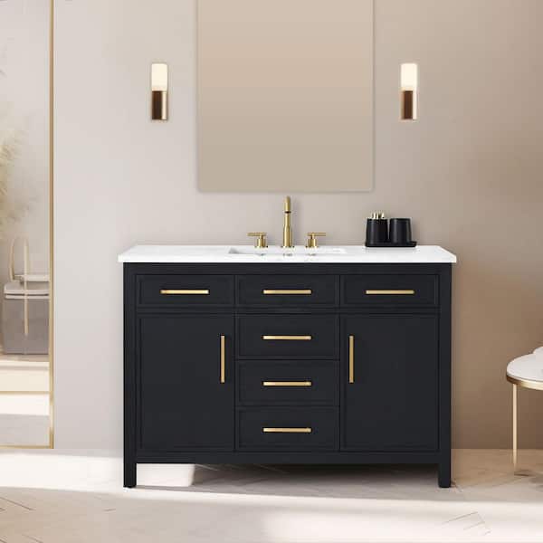 SUDIO Logan 48 in. W Bath Vanity in Ebony with Engineered Stone Top in Carrara White with White Sink
