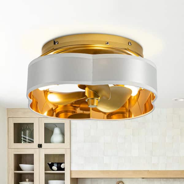 Parrot Uncle 12.6 in. Indoor Flush Mount Brass Gold Caged Ceiling Fan with Remote Control and Light Bulbs Included