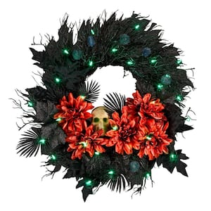 24 in. Boo-tiful Halloween Wreath with 30 Green LED Lights