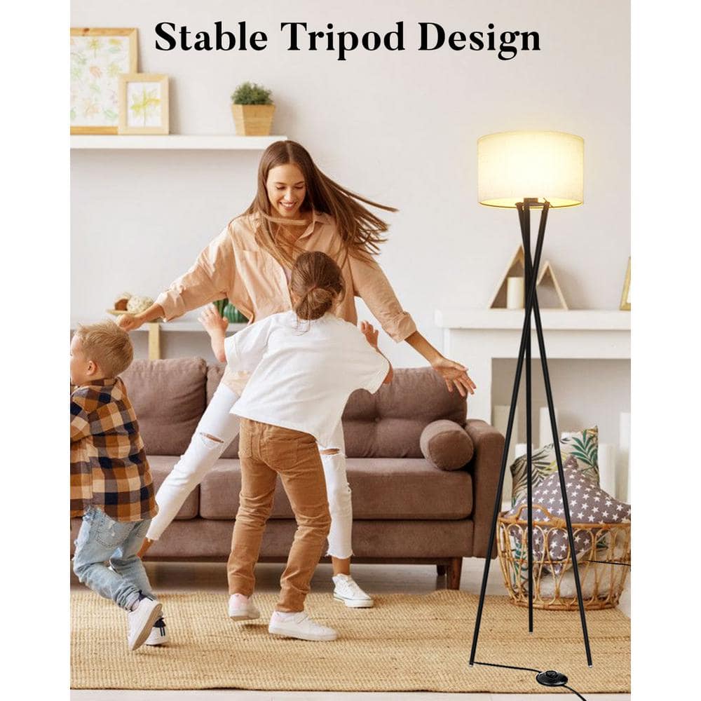 66-Inch Black Metal Tripod Floor Lamp with Burlap Shade