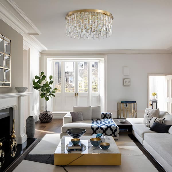 SILJOY 7-Light Gold Crystal Round Flush Mount Chandelier with